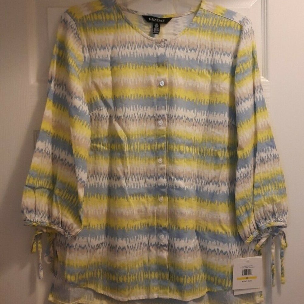 nwt ELLEN TRACY Jagger Striped Yellow/Blue Top M